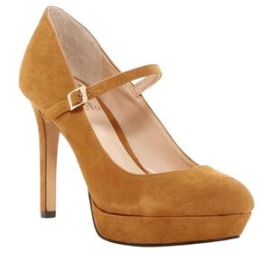 VINCE CAMUTO JOSHLYNN Tan Suede Mary Jane Platform Pumps Leather Heels EUC